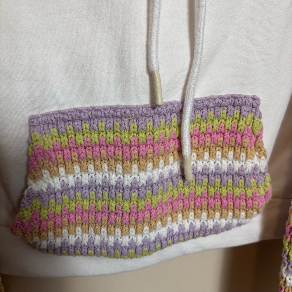 FATE Women's Sweatshirt Hoodie‎ Knitted Details Sleeves Pouch Pocket White Small - Picture 3 of 7